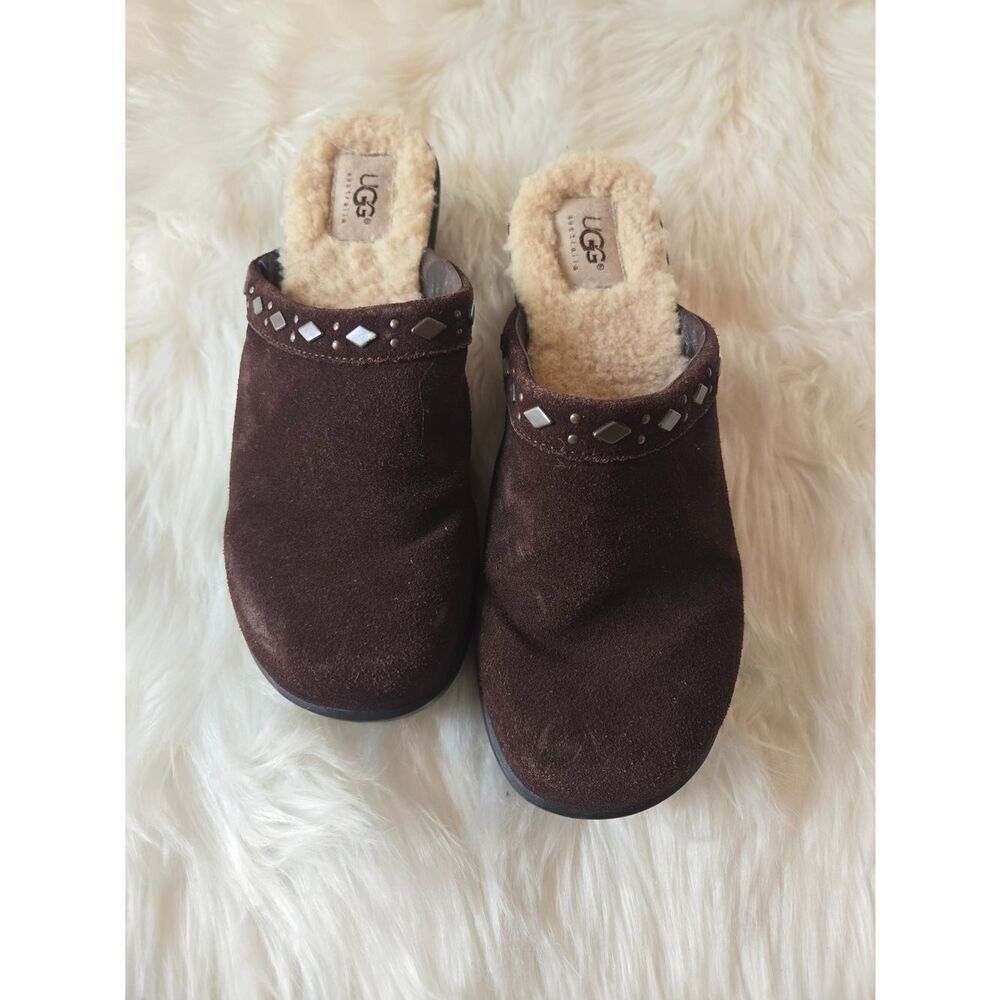 UGG Chocolate Brown Suede Shearling Clog Slides with Stud Accents
